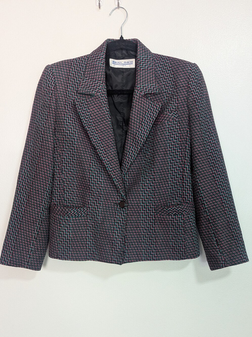 Vintage 80s 90s Brian David Canada Wool Blend Plaid Tweed Blazer Pink Green